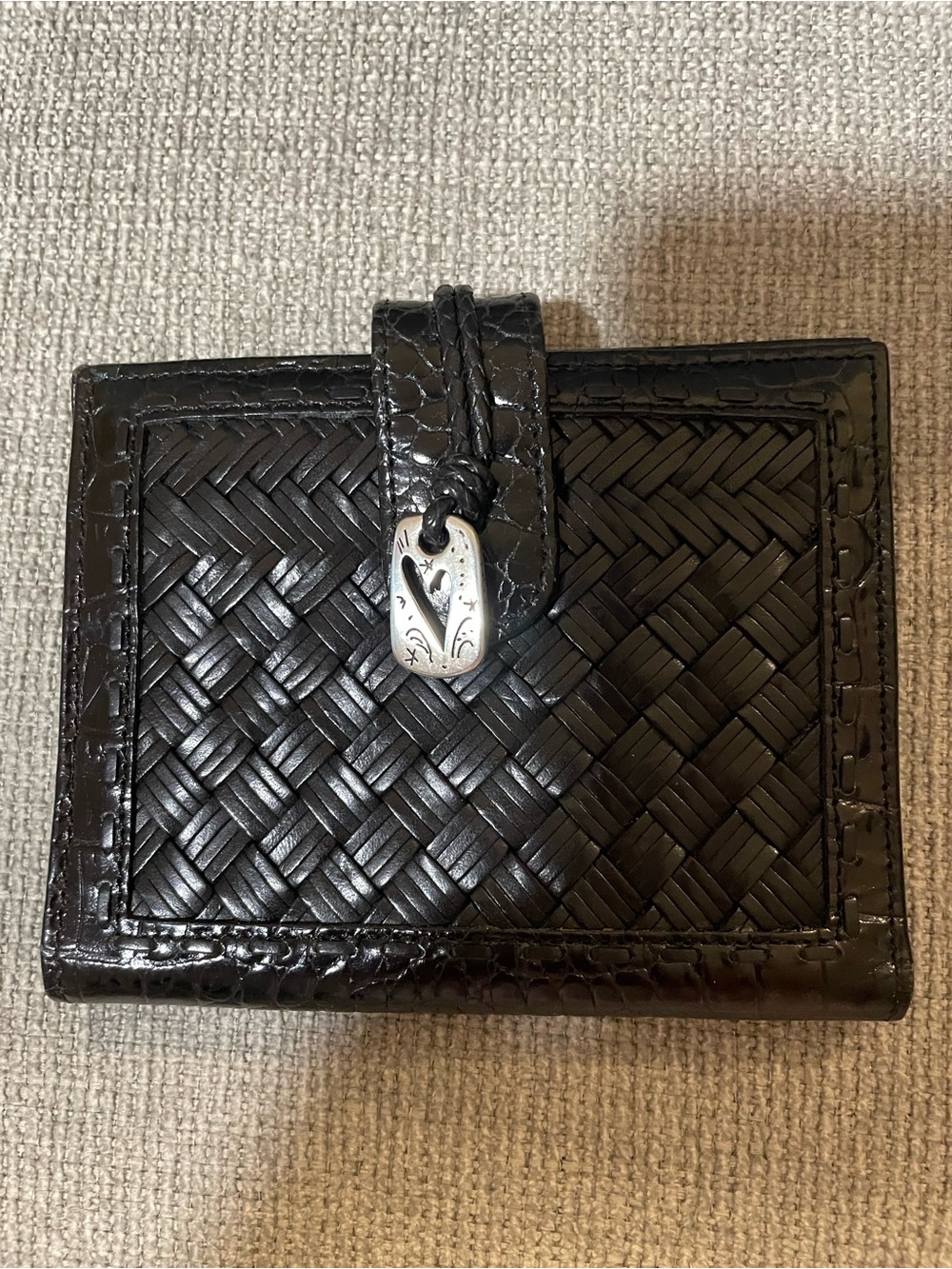 Brighton Black Woven Leather Bifold Wallet with Silver Heart Accent